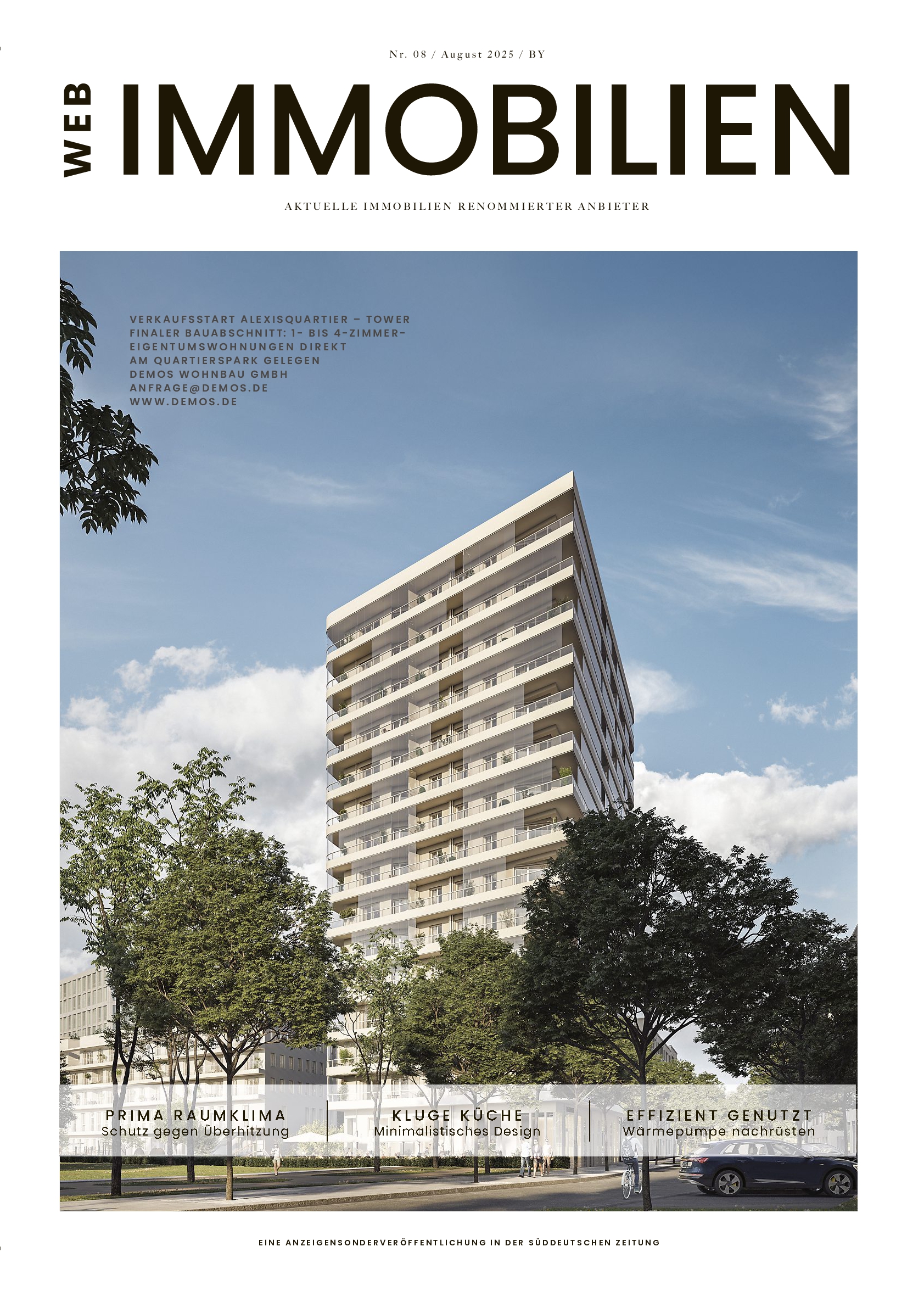 Titelseite der Immobilienbeilage der Süddeutschen Zeitung, Ausgabe August 2025, mit Foto des Alexisquartier-Towers in München.
