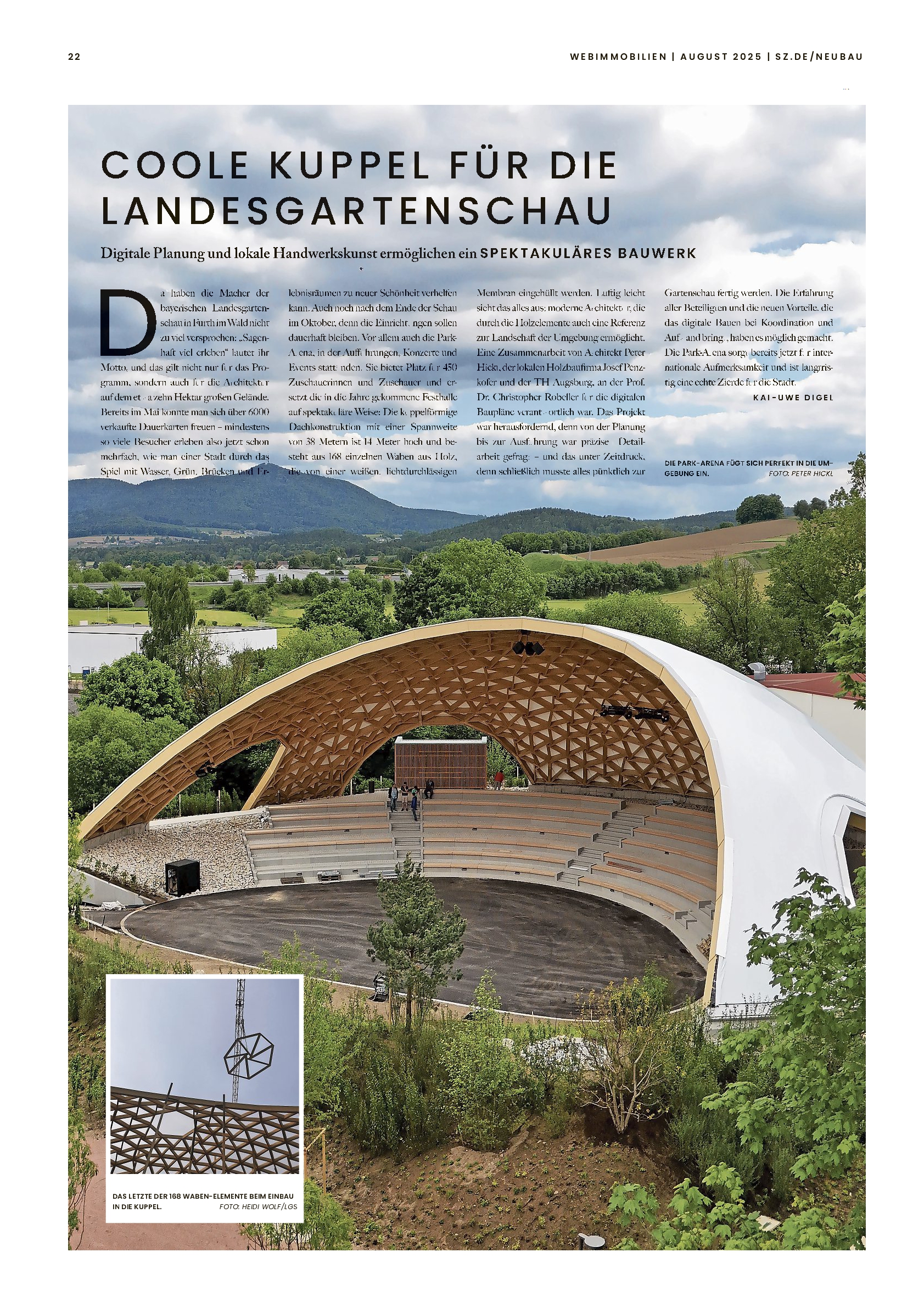 Artikel „Coole Kuppel für die Landesgartenschau“ in der Süddeutschen Zeitung über die Park-Arena in Furth im Wald mit Foto der Holzkuppel.