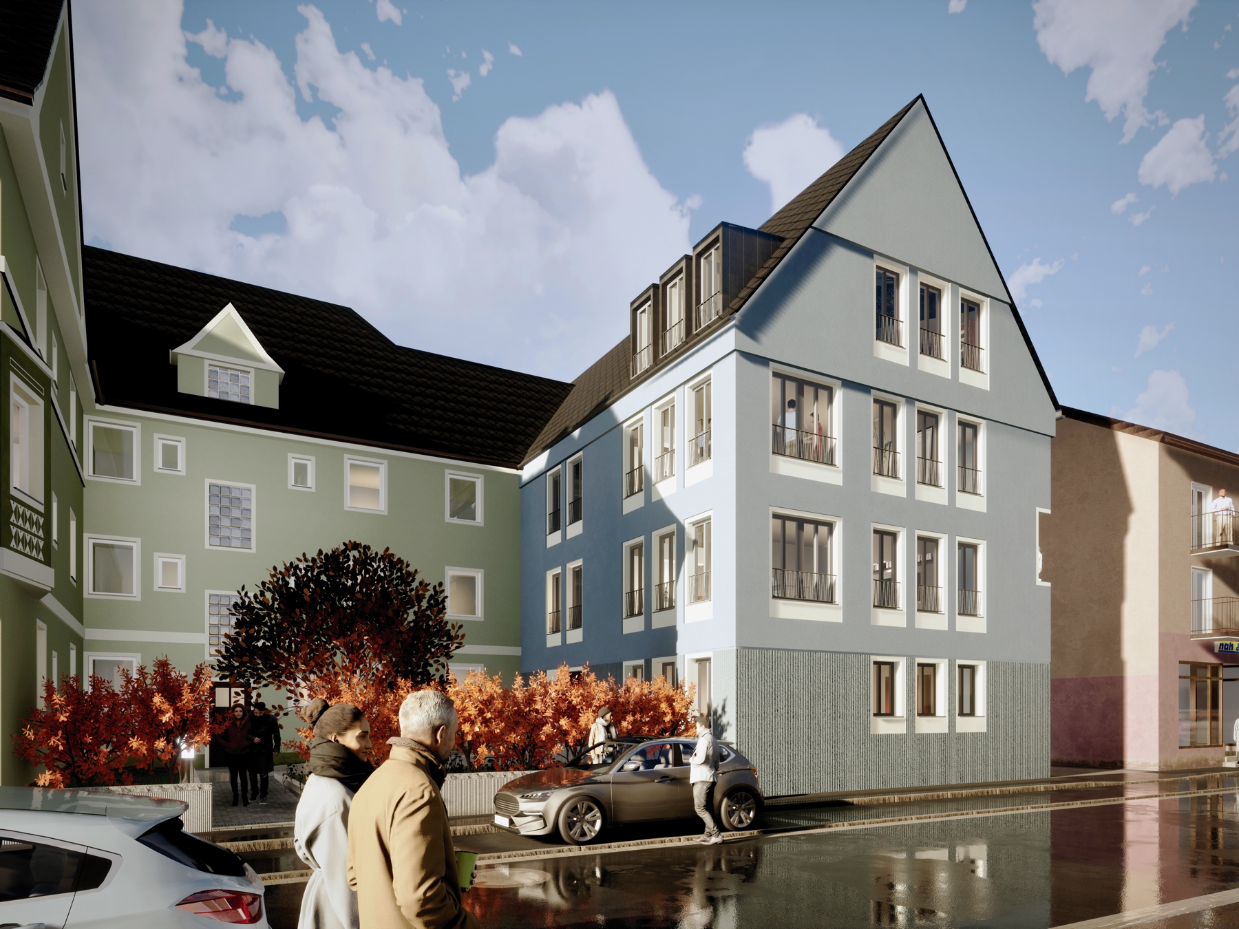 Visualisierung des Neubaus im Projekt „Wohnen im Zentrum“ in Furth im Wald mit Ansicht von der Straße und den bestehenden Gebäuden, die gemeinsam einen innenliegenden Hof bilden.